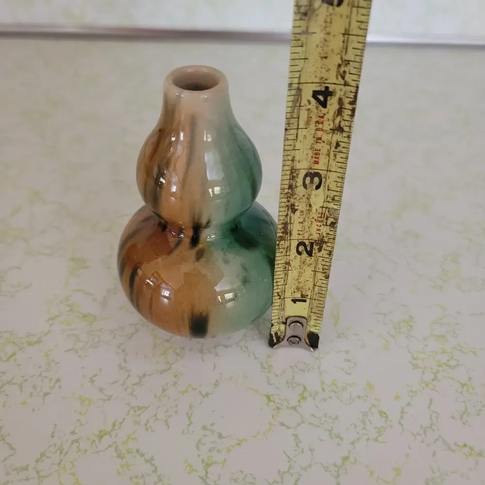 Ceramic Gourd neck potter vase green brown mini mottled glaze 4